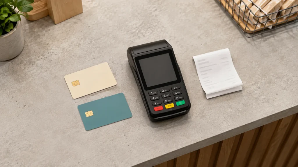 Two generic payment cards beside a checkout terminal and a receipt