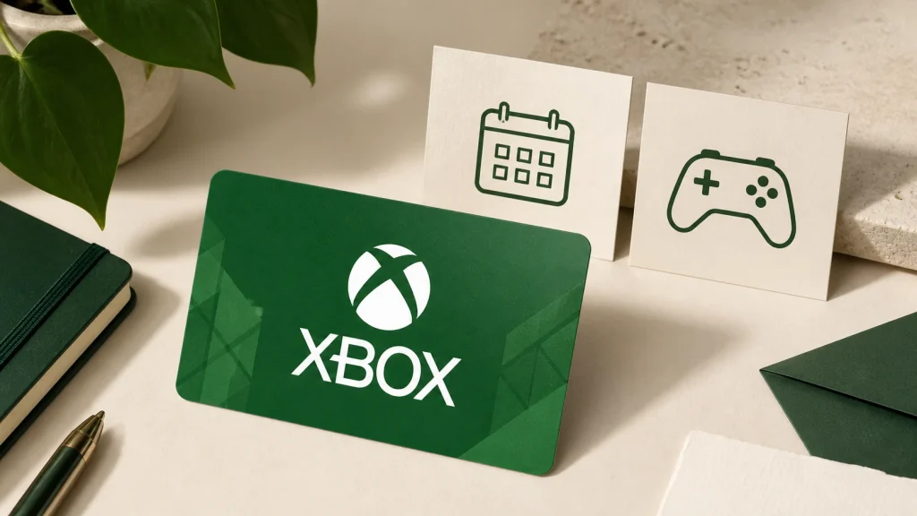 Editorial Xbox-logo gift card beside calendar and game-controller icon cards
