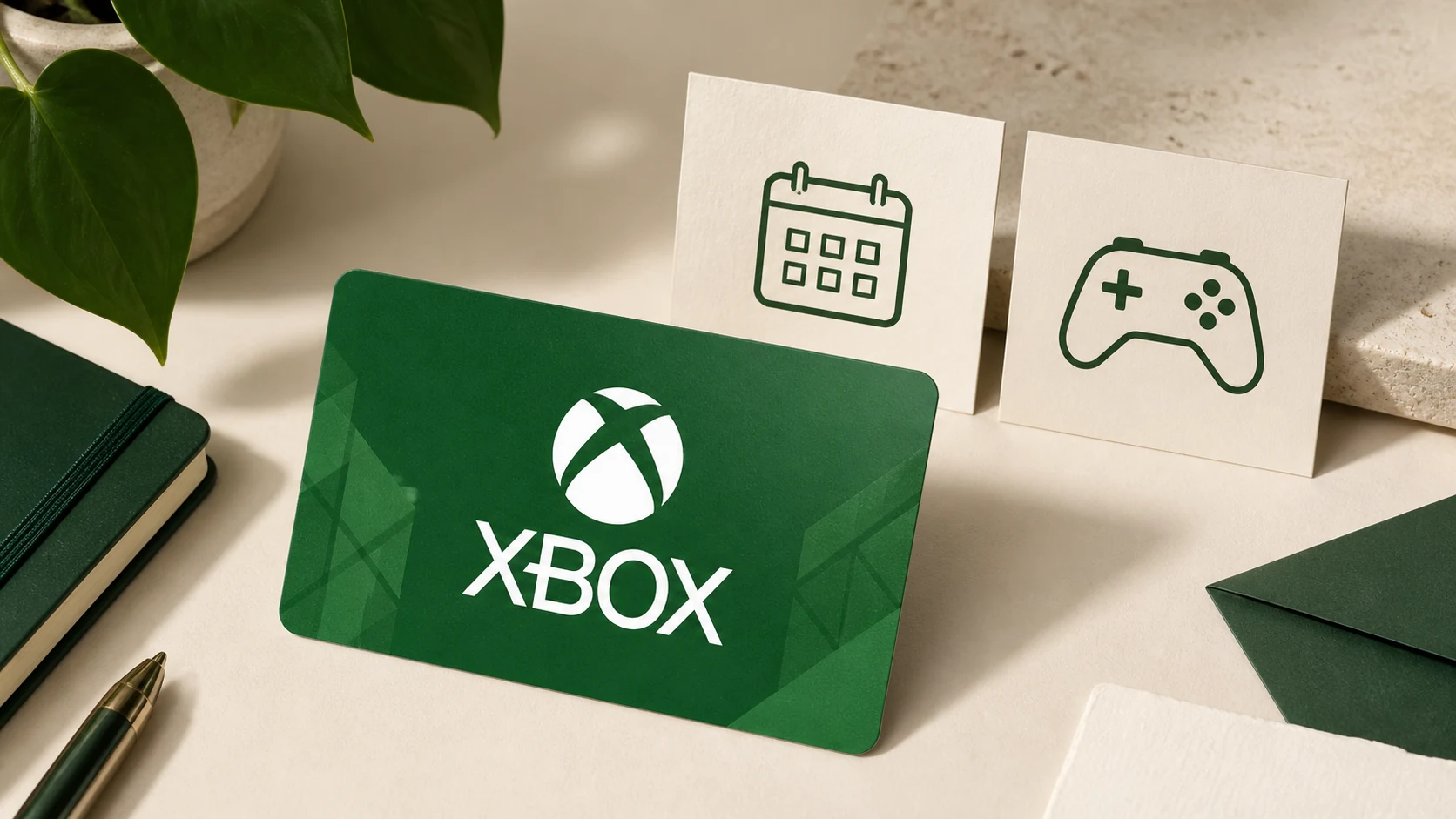 Editorial Xbox-logo gift card beside calendar and game-controller icon cards